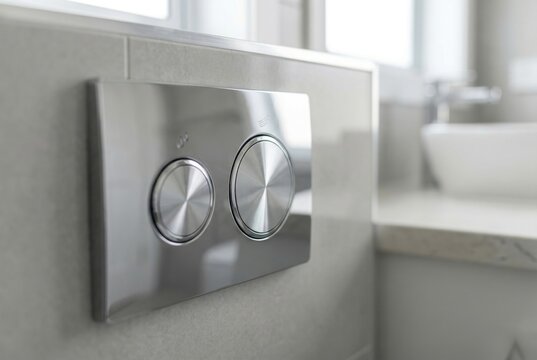 Macro view of a circular dual flush water saving button on a clean white toilet tank