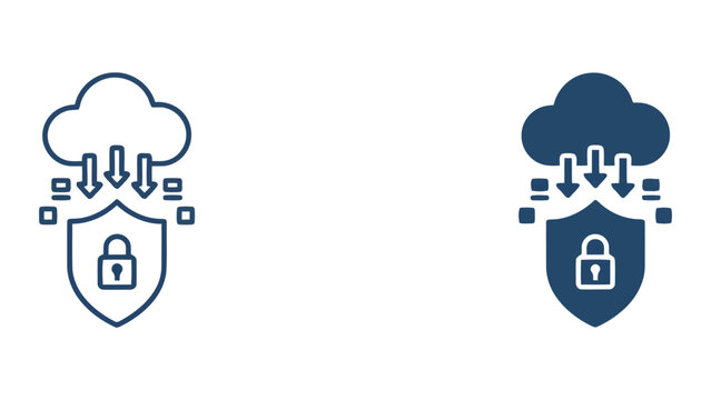 Cloud data security download and protection shield icon with multiple input arrows for secure information transfer and encrypted storage management in professional vector style