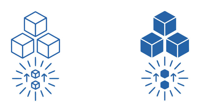 Data cube processing icon with rising blocks and radial light effects representing scalable data growth or modular computing power for modern software development and analytics projects