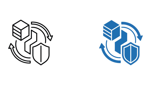 Data protection and server migration icon set showing storage cubes with security shield and circular arrows for secure cloud backup and maintenance in clean vector graphic design style