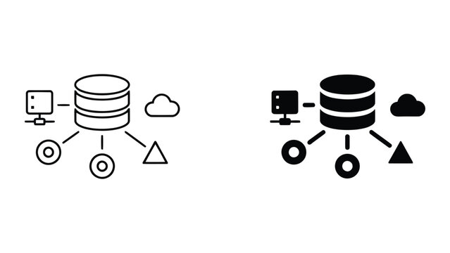 Centralized database server network icon set with cloud and various data nodes representing distributed information storage and multi source connection architecture for modern enterprise systems