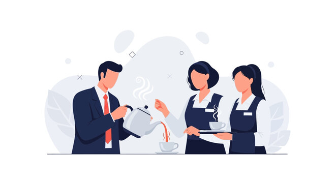 Business Man Pouring Tea for Waitresses in Modern Flat Illustration Style
