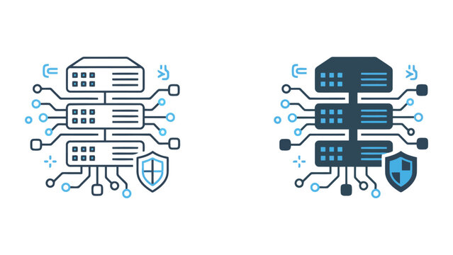 Secure server cluster and data protection shield icon set with circuit board connectivity in blue and dark gray styles for cybersecurity and cloud hosting infrastructure visuals