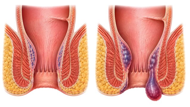 Normal anal canal versus hemorrhoids comparison with detailed cross-sectional medical anatomy illustration