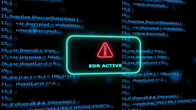 Edr active cybersecurity alert with scrolling programming code background, for network protection, and digital threat detection
