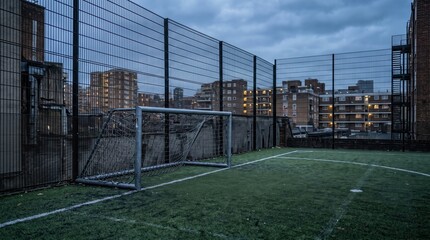 Fototapeta premium Fenced urban football court with small goal at dusk