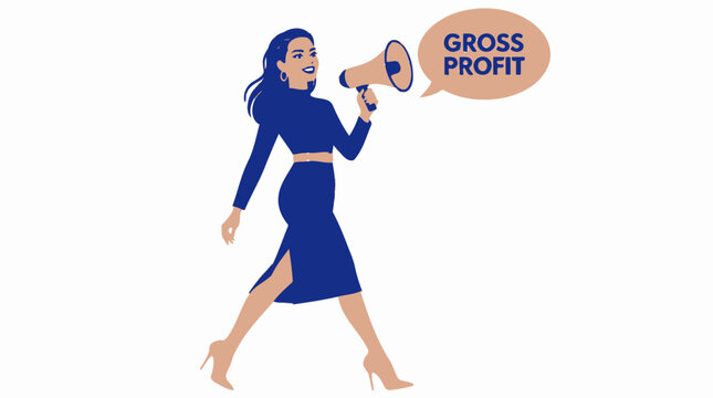 Businesswoman shouting into megaphone for gross profit announcement.