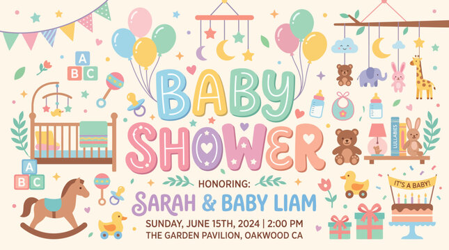 Baby shower invitation with colorful decorations.