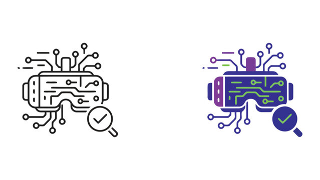 Virtual reality testing and development icon set with circuit board patterns and verification checkmark symbol for immersive technology evaluation in detailed flat vector graphic design style