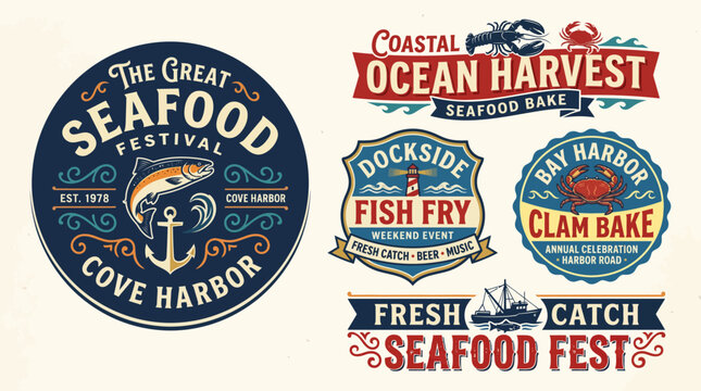 Seafood festival logo with various labels.