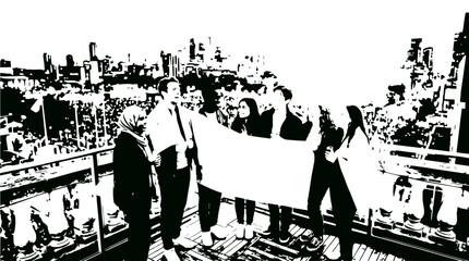 Obraz premium Diverse Group Holds Blank Banner With Cityscape Background