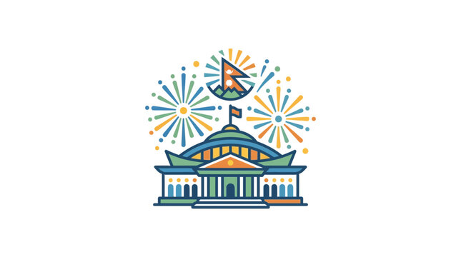 Colorful modern building with fireworks and mountain icon, flat design
