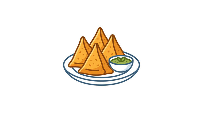 Crispy Samosas with Chutney Dip - Indian Snack Illustration