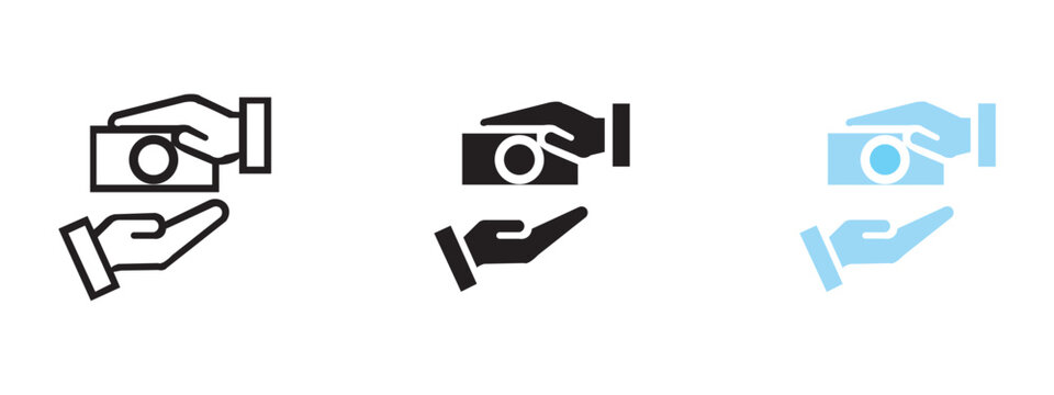 Set of hands giving or receiving money icons in outline solid and blue styles