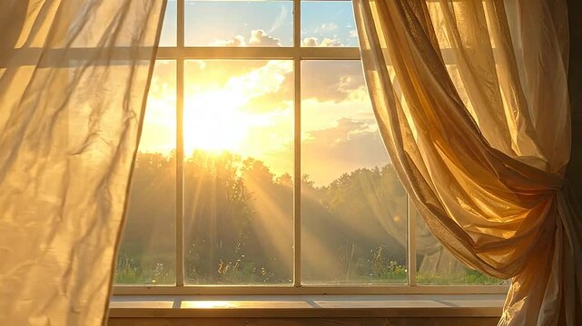 Golden morning sunlight streaming through a window with sheer curtains