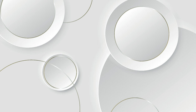 Abstract smooth white gradient background with overlapping 3D circles and luxurious gold line decoration. Elegant design with modern light and shadow effects.