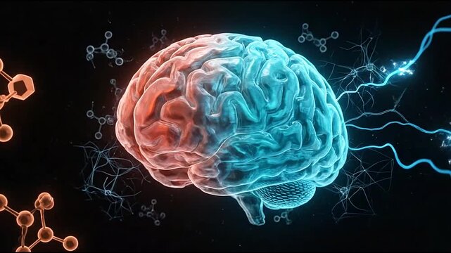 Stylized split brain with molecular symbols on black background.