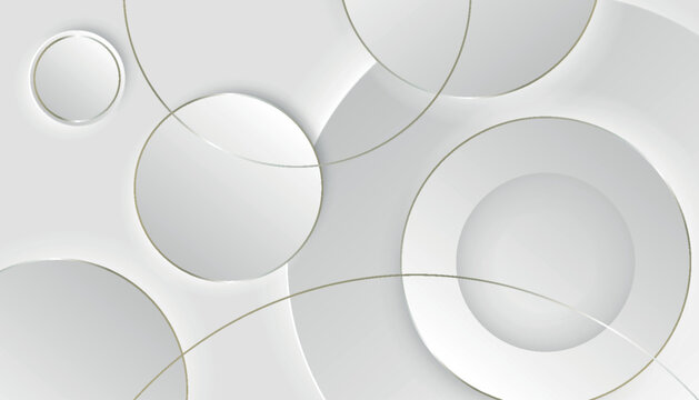 Abstract smooth white gradient background with overlapping 3D circles and luxurious gold line decoration. Elegant design with modern light and shadow effects. Vector EPS. 5