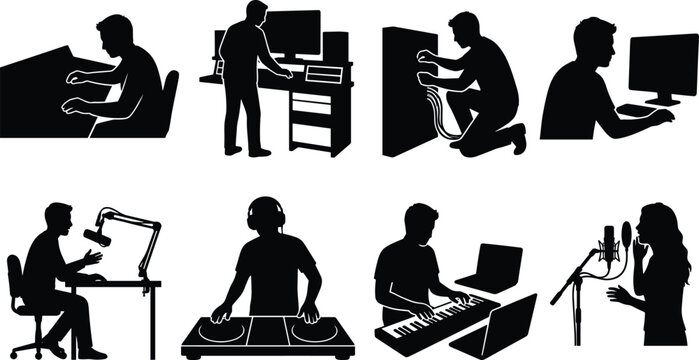 Audio Engineer and Studio Media Production Silhouette Icon Set Featuring Broadcasters DJs Musicians and Technicians