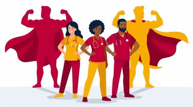 Diverse Healthcare Professionals as Superheroes, Flat Design Vector Illustration with Two Women and One Man, Symbolizing Strength and Dedication