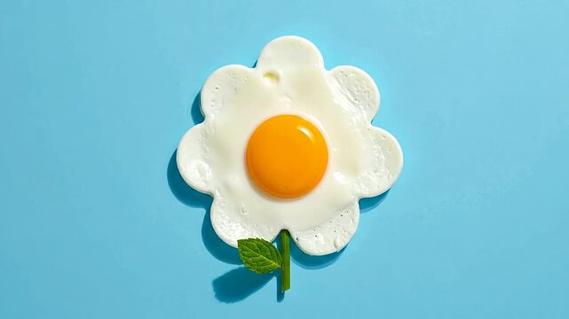 Fried egg shaped like a flower on a blue background