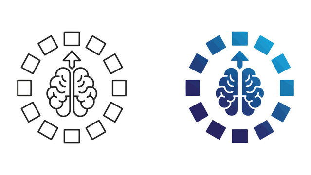 Brain icon with upward arrow and surrounding square nodes as concept for artificial intelligence development and neural network processing in modern flat vector illustration style for tech graphics