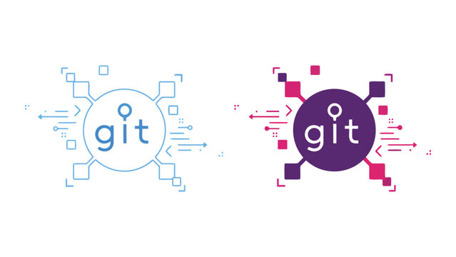 Git version control system software development icon set featuring central hub and branching nodes for collaborative programming and developer workflow management tools in modern flat vector style