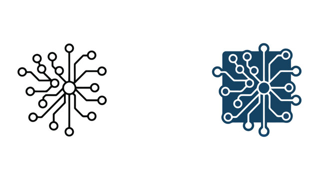 Digital circuit board node network vector icon set featuring minimalist technology connections and data flow paths for modern software engineering interfaces and abstract computing system architecture