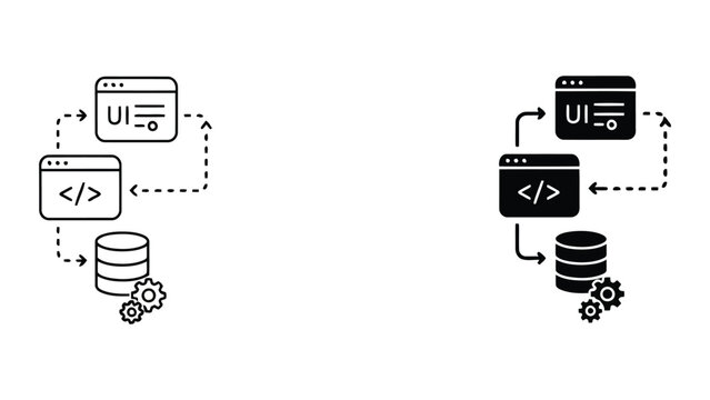 Web development and database management workflow icon with UI window code tag and server storage components for full stack programming and application deployment in flat vector graphic style