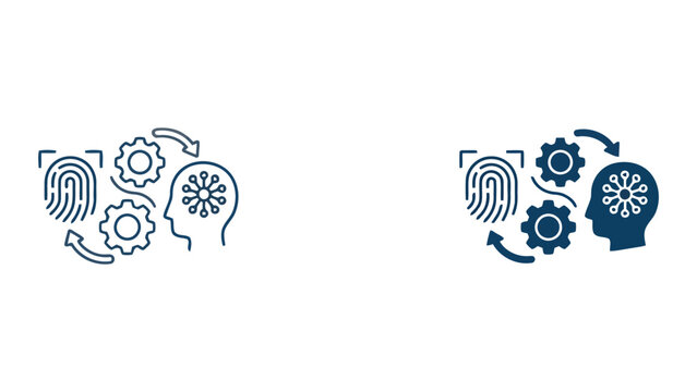 Biometric fingerprint scanning and artificial intelligence brain processing vector icon set with mechanical gears for human-machine interaction and cognitive computing system concepts