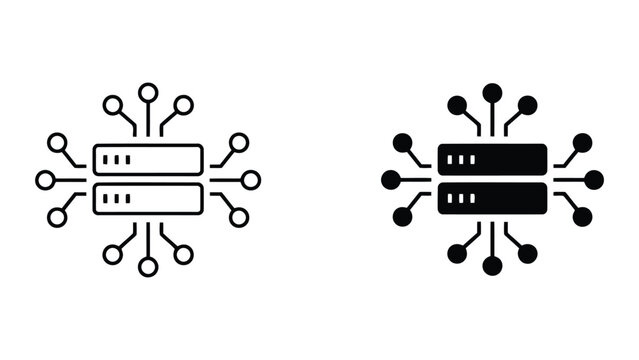 Network server cluster and digital data nodes icon representing distributed computing and server infrastructure in minimalist black linear and solid vector graphic design styles for IT
