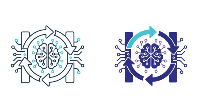 Artificial intelligence brain circuit connectivity icon set in blue outline and solid styles featuring neural network processing and machine learning data flow for modern computing technology