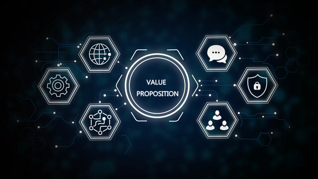 Value proposition concept with gear, target, lightbulb, handshake, and growth in dark blue business concept