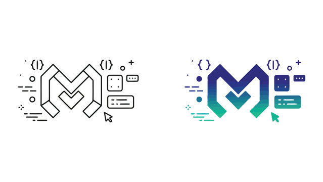 Professional M letter logo design with coding syntax brackets and UI elements for software development and technology brand identity in minimalist linear and gradient flat vector graphic style