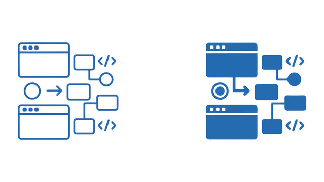 Web development application flow chart icon set featuring browser windows code tags and workflow process steps for software engineering and programming project management in a clean vector style