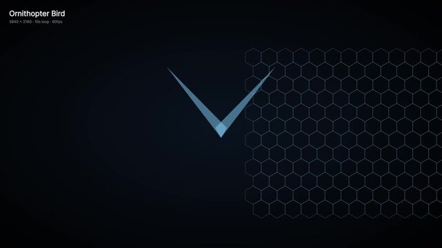 Minimalist ornithopter bird animation with hexagonal grid background, futuristic technology motion mechanical