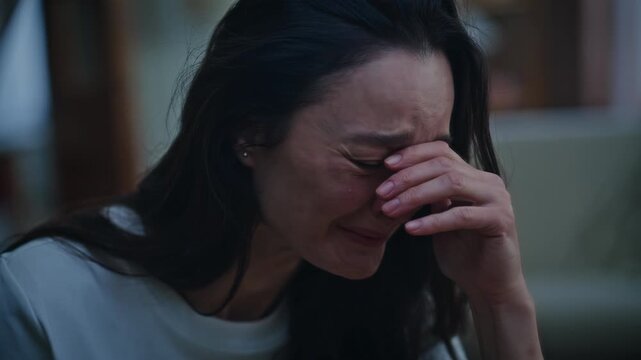 Emotional woman crying mirror sitting evening apartment closeup. Unhappy girl
