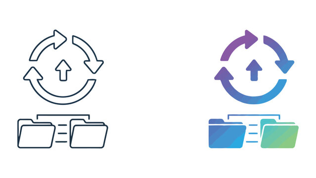 Digital file management and data synchronization vector icon set with folder icons and refresh cycle arrows in gradient and outline styles for cloud storage and file sharing platforms