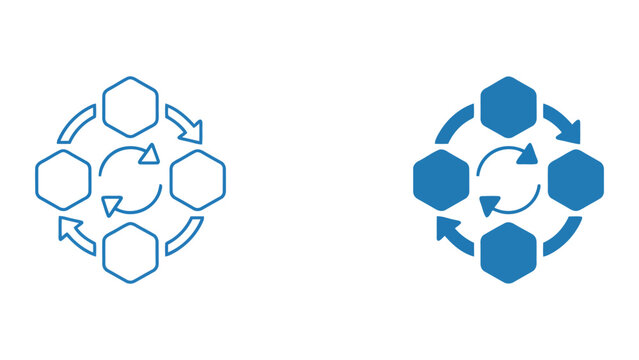 Hexagonal data processing and business workflow cycle icons representing iterative development and continuous improvement methodologies for organizational strategy and project management systems