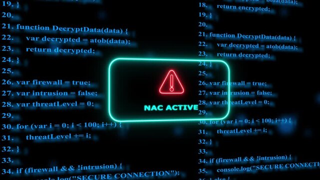 Nac active network security alert with scrolling programming code overlay cybersecurity network access control