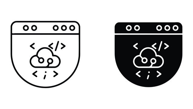 Cloud programming environment interface icons showing software development architecture and code integration symbols in outline and solid vector formats for web development and cloud services