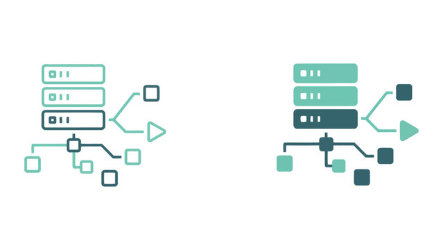 Server cluster data distribution icons displaying system architecture and network load balancing in flat vector line and solid styles for information technology infrastructure concepts