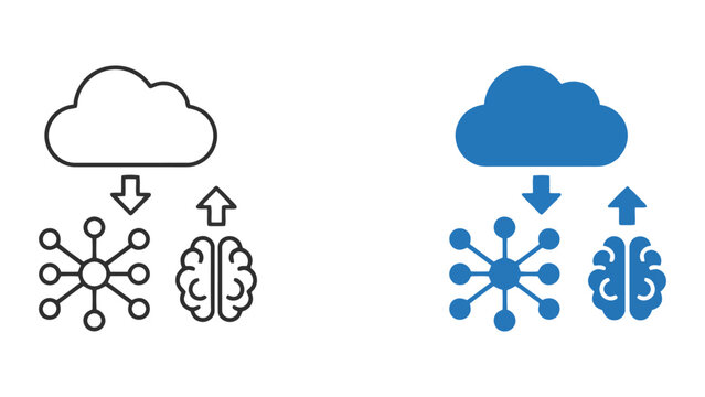 Cloud data synchronization and neural network learning icon set showing cloud storage integration with brain connectivity for advanced machine learning and information processing technology platforms