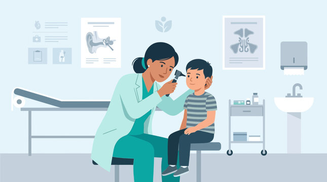 Doctor examining child's ear with otoscope in clinic examination room