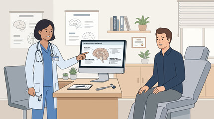 Fototapeta premium Doctor Explains Brain Scan Results to Anxious Patient in Medical Office