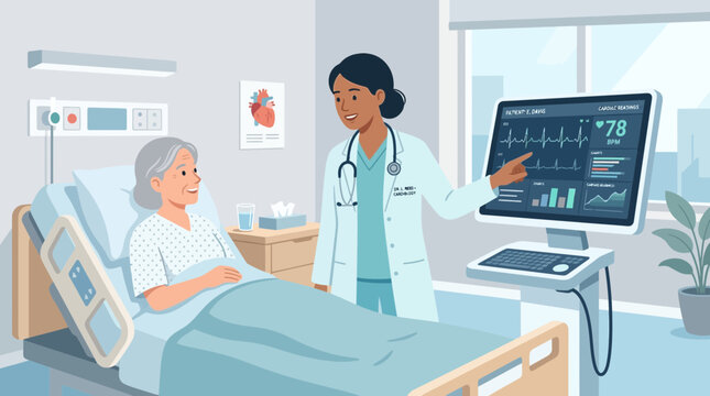 Doctor explaining heart monitor results to elderly patient in hospital room