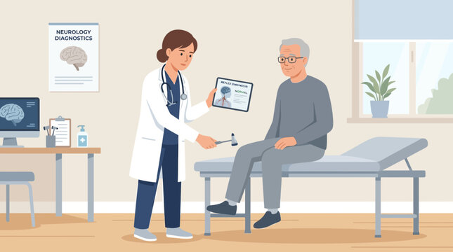 Doctor examining senior man's reflexes with reflex hammer in clinic