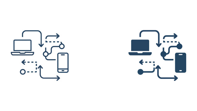 Laptop and smartphone data synchronization flow with linked communication paths and arrow symbols for mobile and desktop integration technology in clean vector icon style
