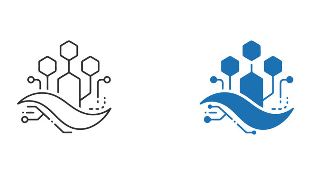 Abstract technology connection icon featuring digital network nodes and flowing data stream lines for modern software development and cloud computing connectivity themes in minimalist vector design