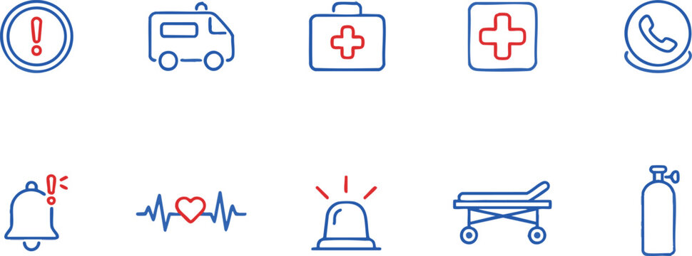 Medical emergency line icons set, 10 blue and red healthcare vector symbols, ambulance and first aid kit icons for hospital apps